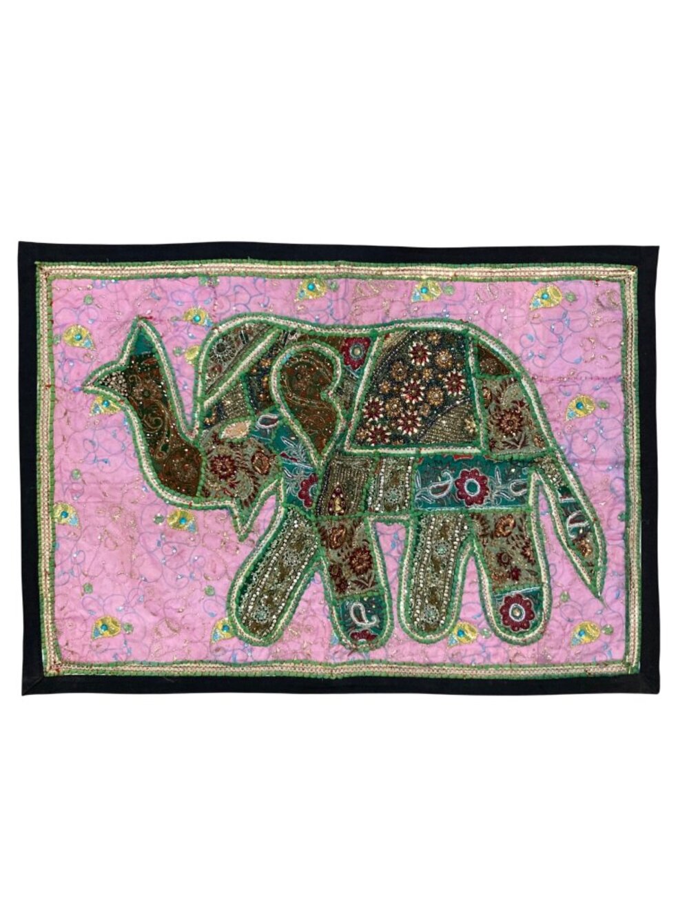 Handmade Vintage Patchwork Sari Elephant Embroidered Beaded Tapestry Pink & Blue